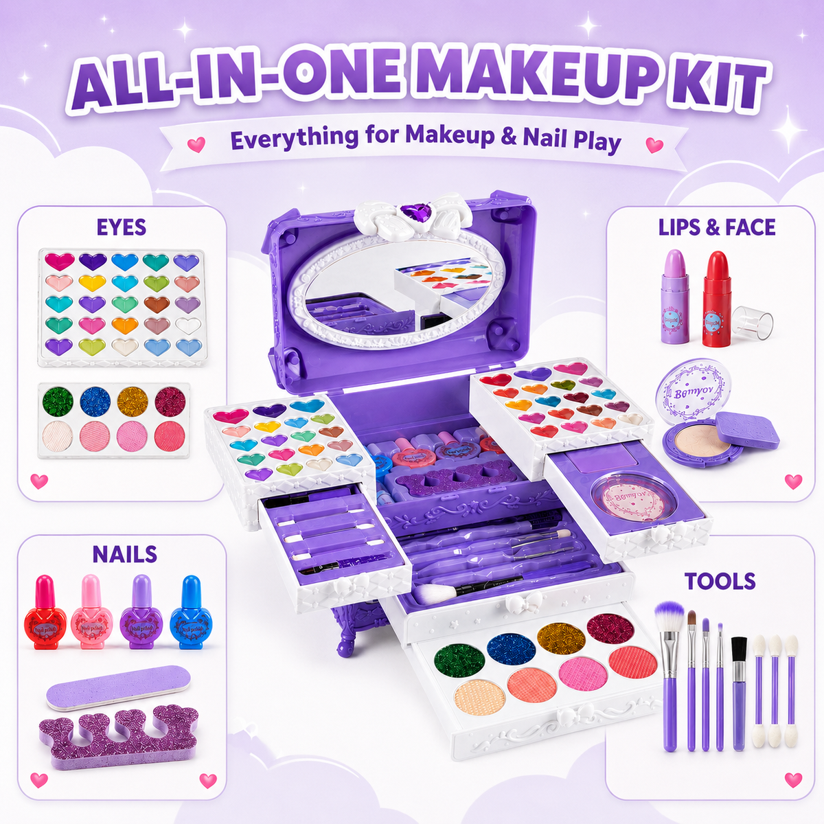 LXUNLN 66PCS Kids Makeup Kit for Girls, Washable Makeup Set, Girls Toys Ages 3-12(Purple)
