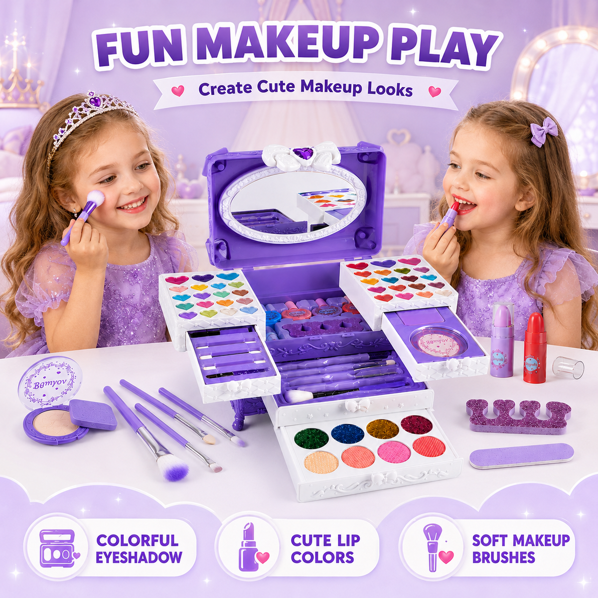 LXUNLN 66PCS Kids Makeup Kit for Girls, Washable Makeup Set, Girls Toys Ages 3-12(Purple)