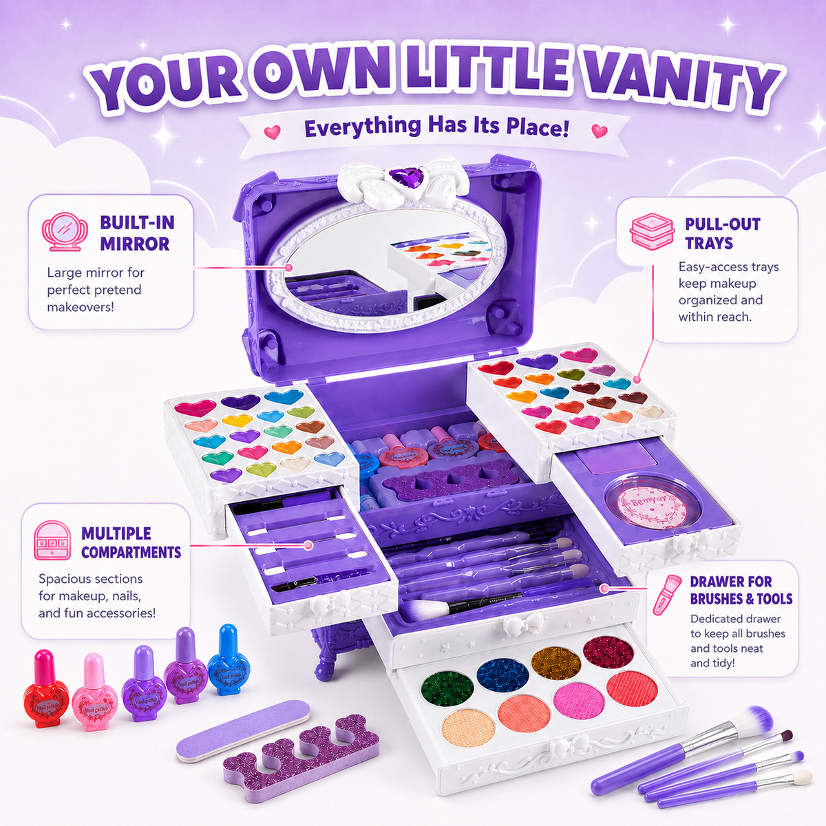 LXUNLN 66PCS Kids Makeup Kit for Girls, Washable Makeup Set, Girls Toys Ages 3-12(Purple)