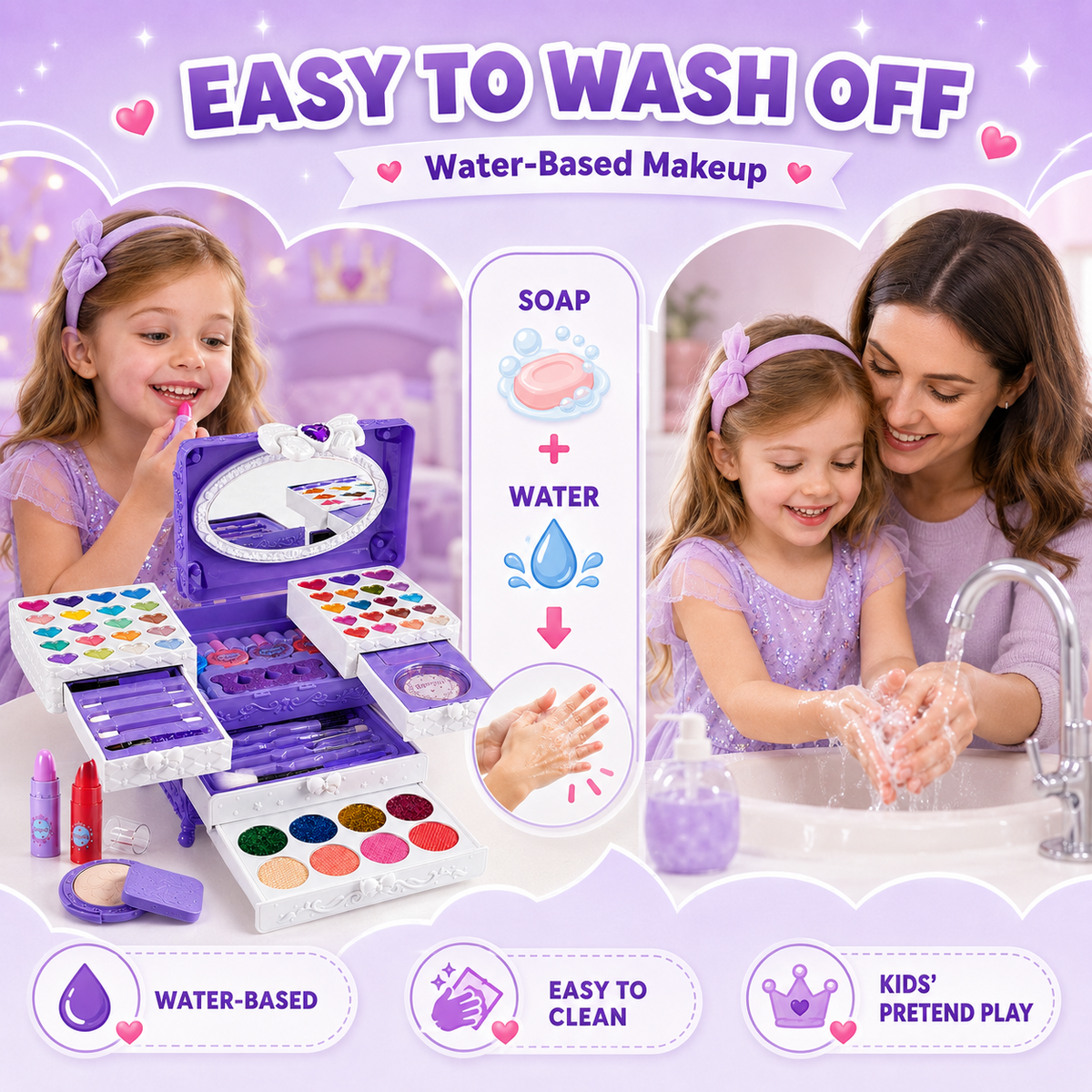 LXUNLN 66PCS Kids Makeup Kit for Girls, Washable Makeup Set, Girls Toys Ages 3-12(Purple)