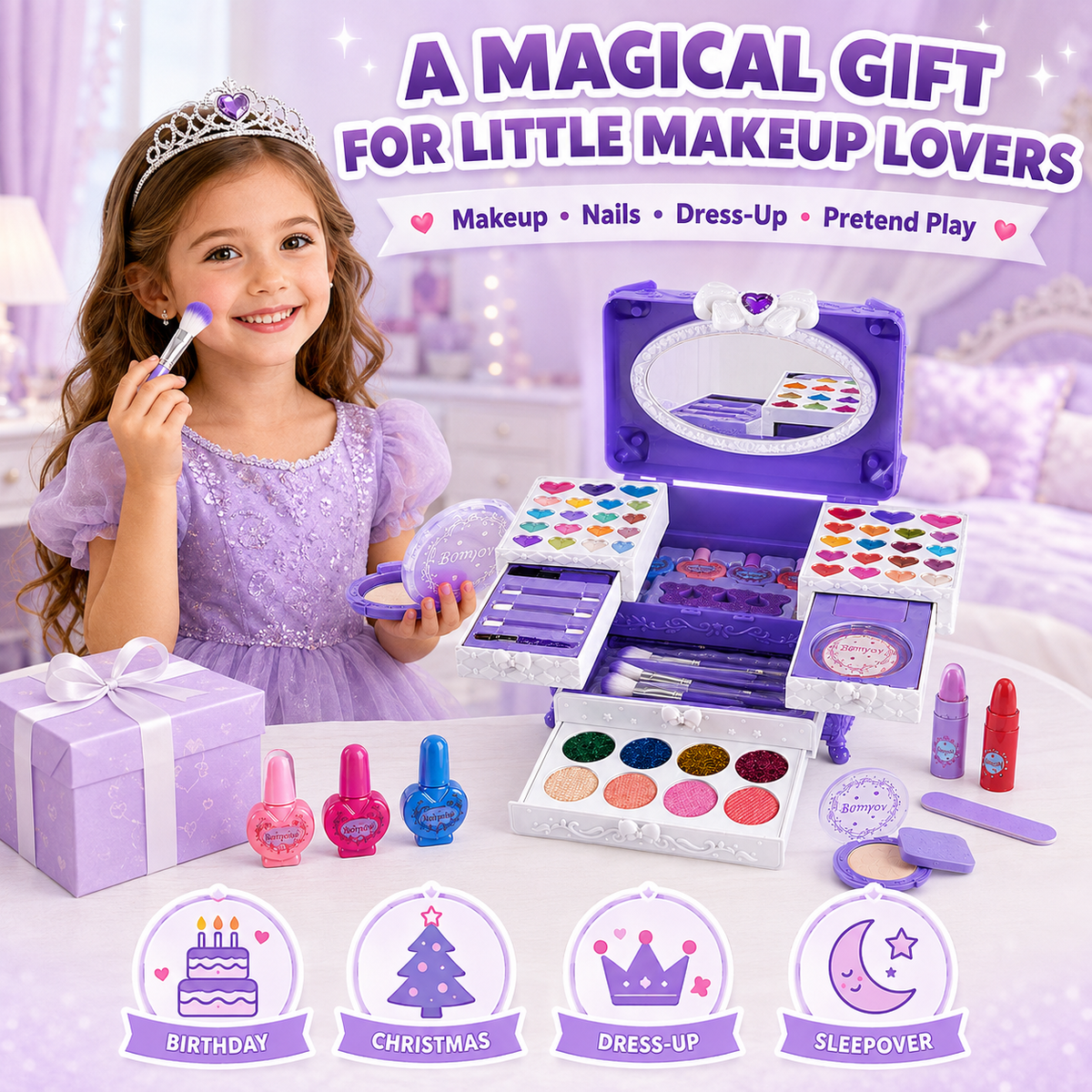 LXUNLN 66PCS Kids Makeup Kit for Girls, Washable Makeup Set, Girls Toys Ages 3-12(Purple)