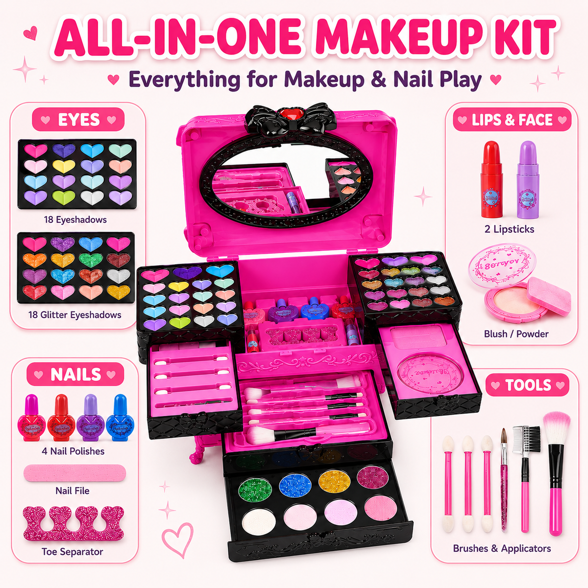 LXUNLN 66PCS Kids Makeup Kit for Girls, Washable Makeup Set, Girls Toys Ages 3-12(Rose Red)