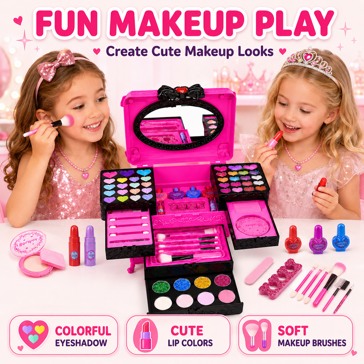 LXUNLN 66PCS Kids Makeup Kit for Girls, Washable Makeup Set, Girls Toys Ages 3-12(Rose Red)