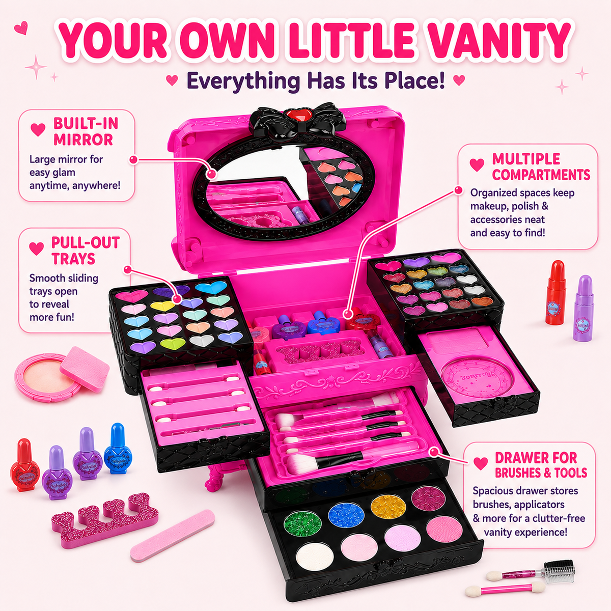 LXUNLN 66PCS Kids Makeup Kit for Girls, Washable Makeup Set, Girls Toys Ages 3-12(Rose Red)