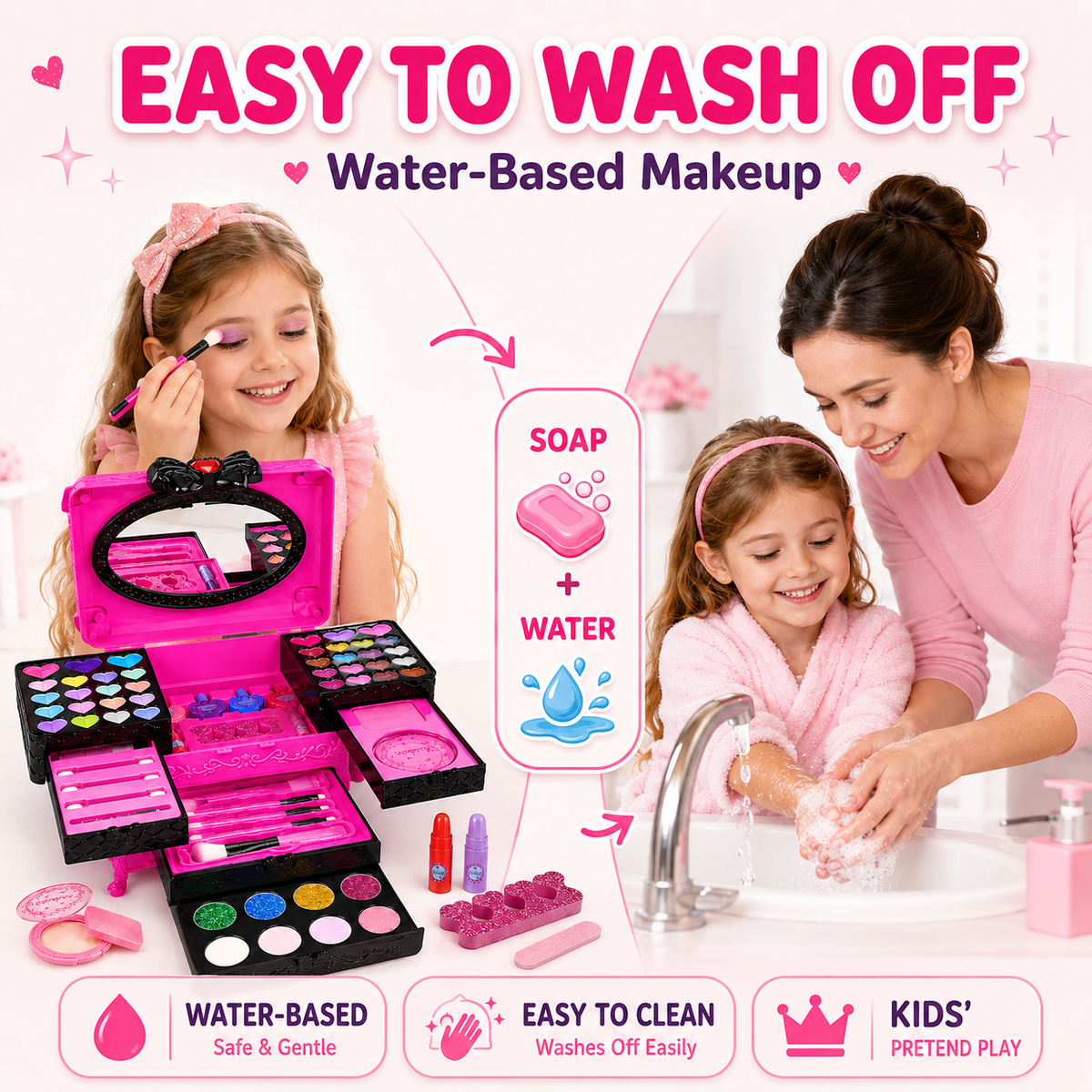 LXUNLN 66PCS Kids Makeup Kit for Girls, Washable Makeup Set, Girls Toys Ages 3-12(Rose Red)
