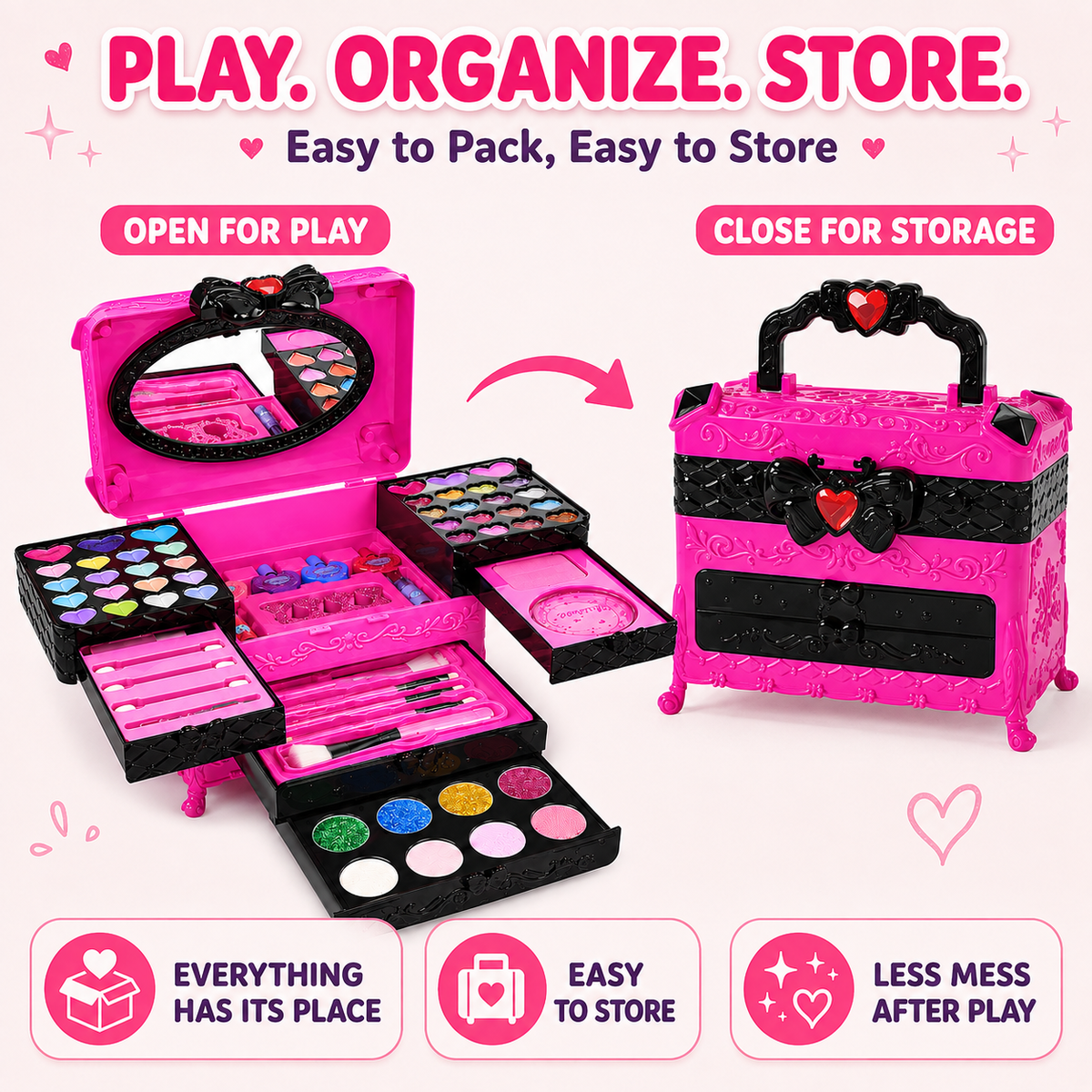 LXUNLN 66PCS Kids Makeup Kit for Girls, Washable Makeup Set, Girls Toys Ages 3-12(Rose Red)