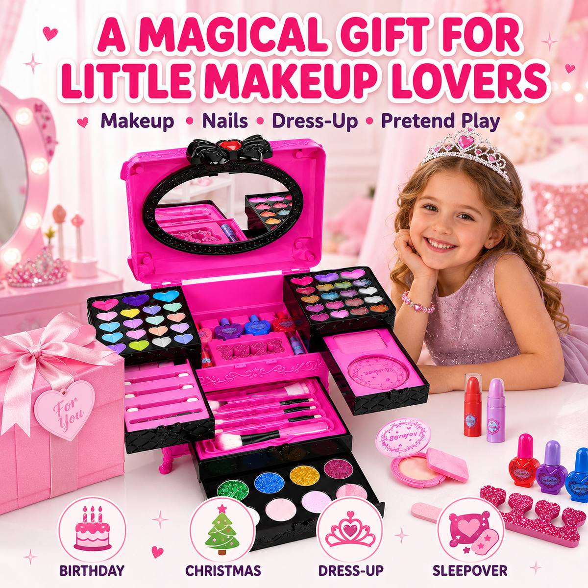 LXUNLN 66PCS Kids Makeup Kit for Girls, Washable Makeup Set, Girls Toys Ages 3-12(Rose Red)