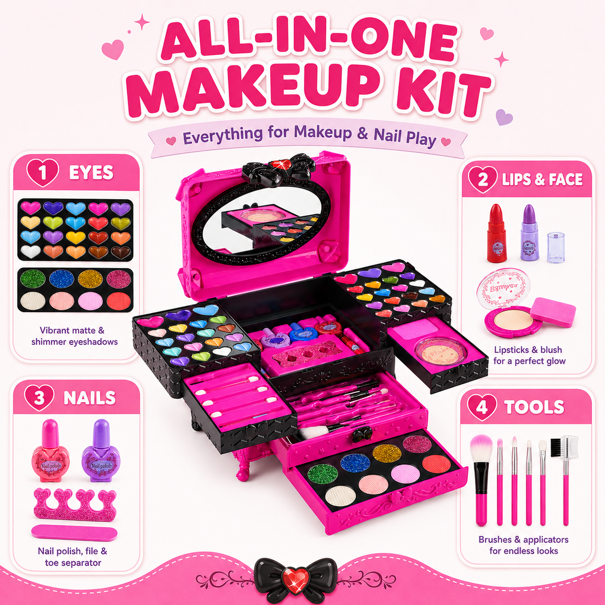 LXUNLN 66PCS Kids Makeup Kit for Girls, Washable Makeup Set, Girls Toys Ages 3-12(Rose Red & Black)