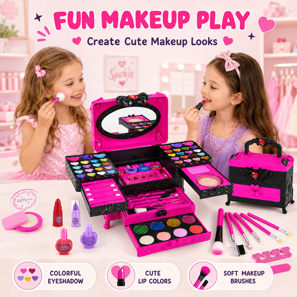 LXUNLN 66PCS Kids Makeup Kit for Girls, Washable Makeup Set, Girls Toys Ages 3-12(Rose Red & Black)