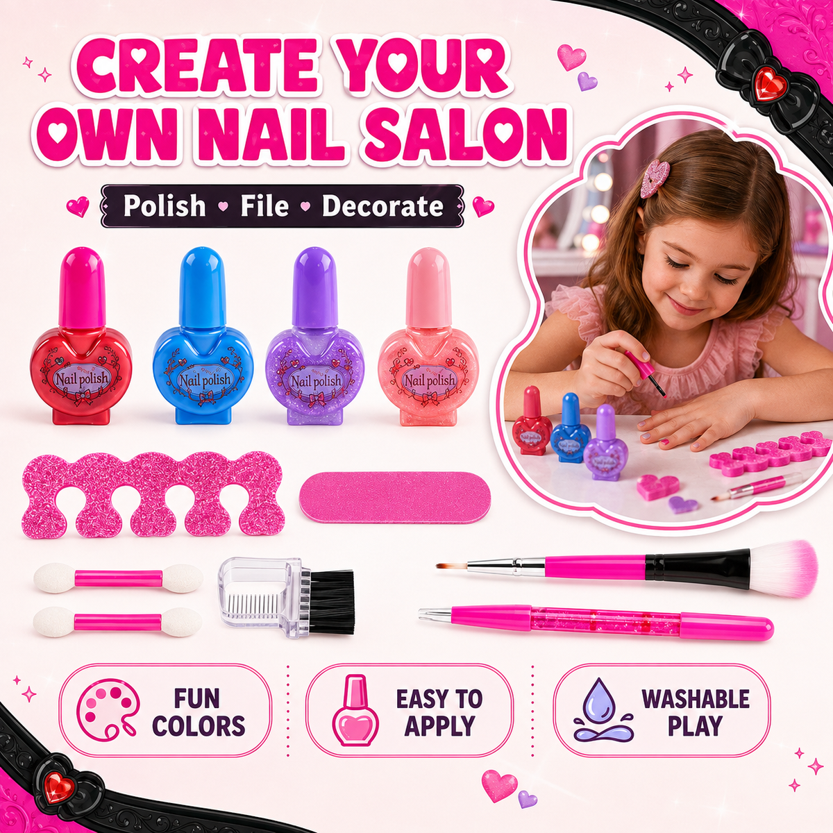 LXUNLN 66PCS Kids Makeup Kit for Girls, Washable Makeup Set, Girls Toys Ages 3-12(Rose Red & Black)