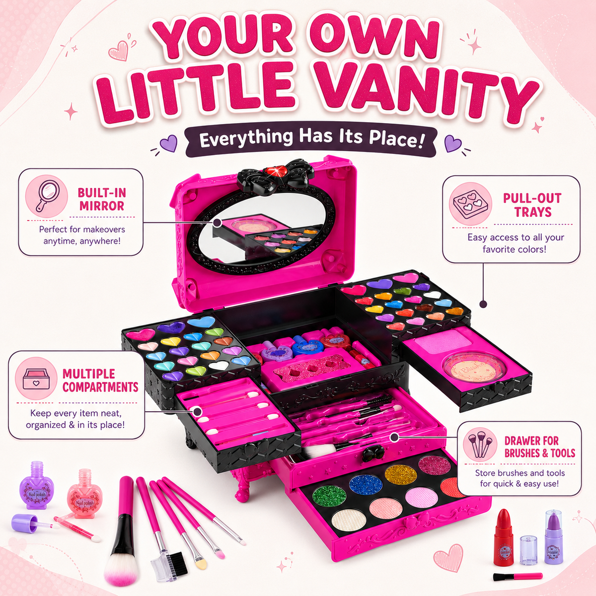 LXUNLN 66PCS Kids Makeup Kit for Girls, Washable Makeup Set, Girls Toys Ages 3-12(Rose Red & Black)