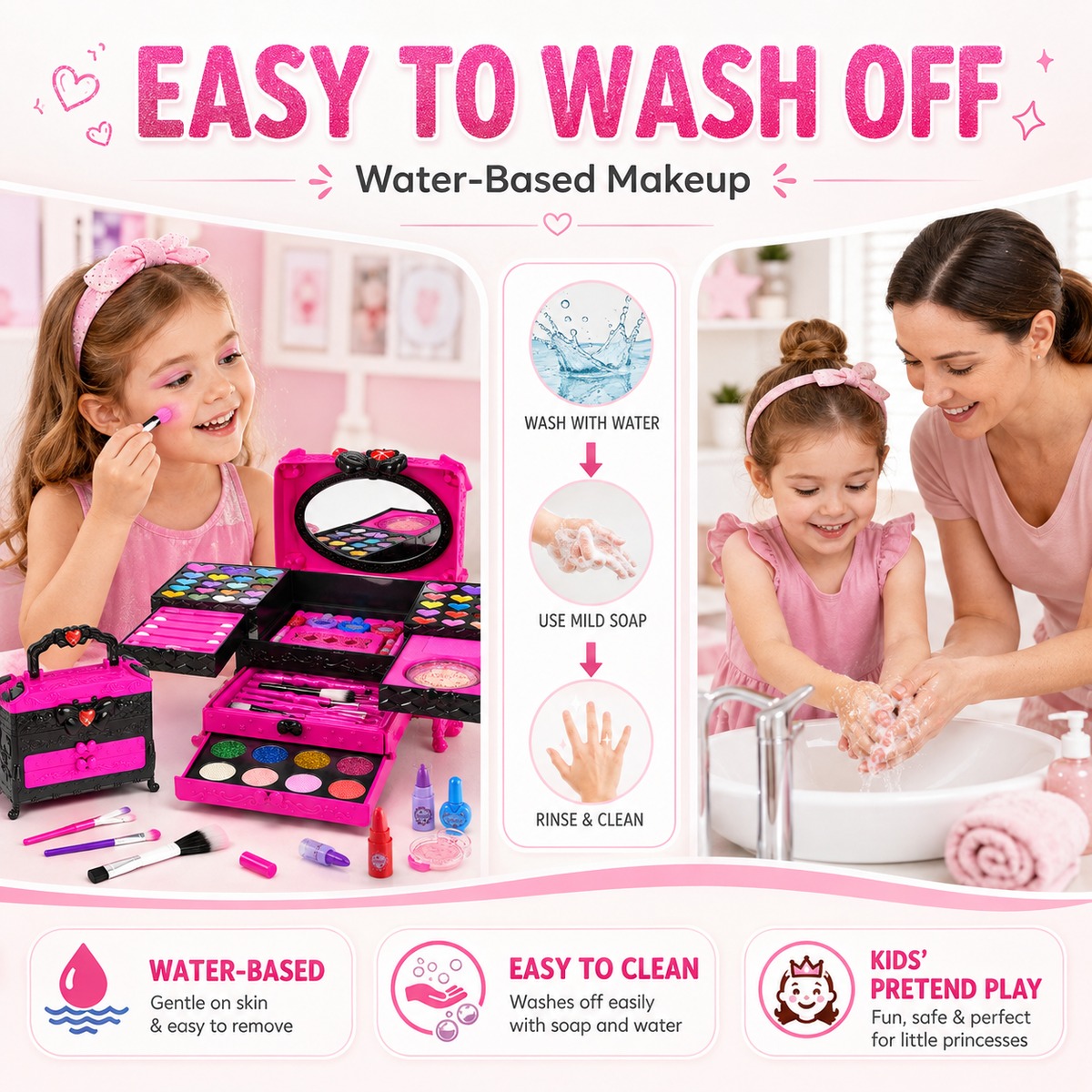 LXUNLN 66PCS Kids Makeup Kit for Girls, Washable Makeup Set, Girls Toys Ages 3-12(Rose Red & Black)
