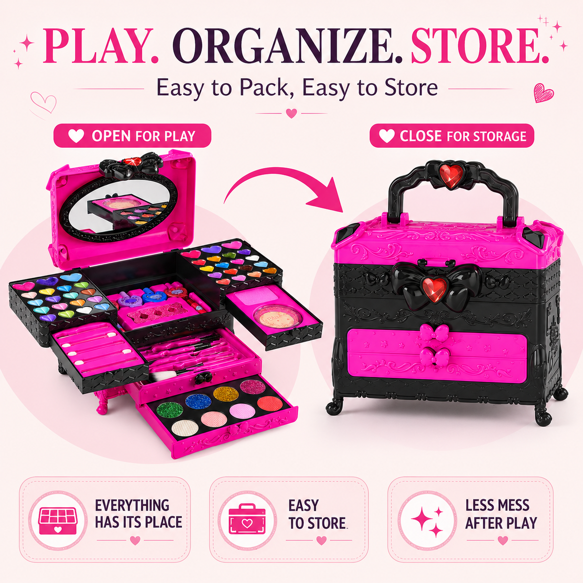 LXUNLN 66PCS Kids Makeup Kit for Girls, Washable Makeup Set, Girls Toys Ages 3-12(Rose Red & Black)