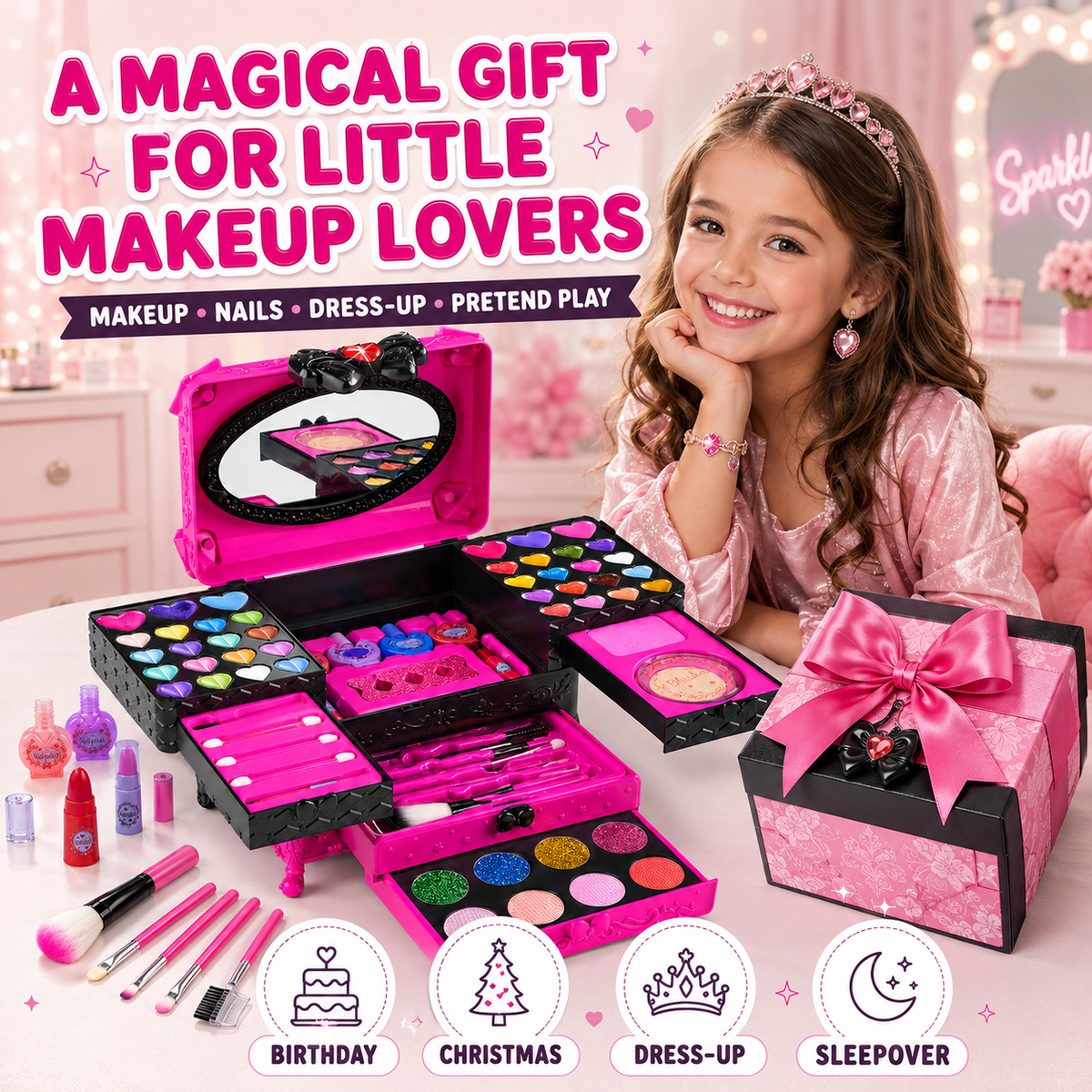 LXUNLN 66PCS Kids Makeup Kit for Girls, Washable Makeup Set, Girls Toys Ages 3-12(Rose Red & Black)