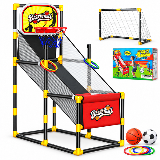 HXFOU Kids Basketball Hoop, 3-in-1 Soccer Goal & Ring Toss Indoor Outdoor Set Toys for Ages 4-12