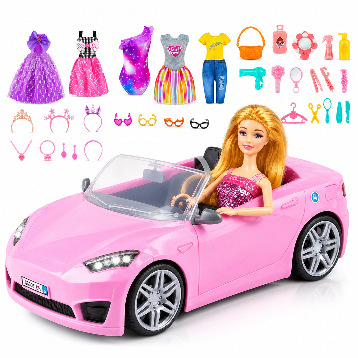 76Pcs Doll and Convertible Car Playset with 11.5" Fashion Doll, Princess Dresses, Casual Outfits, Swimsuits, Shoes & Accessories - Creative Dress-Up Toy Gift for Girls