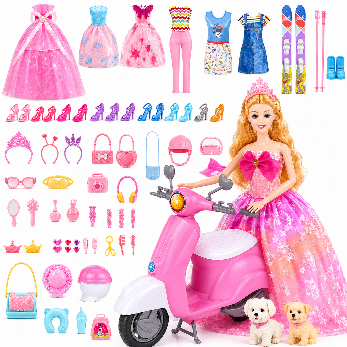 67 PCS Doll Playset with 11.5 Inch Doll, Motorcycle Scooter, Skiing Kit, Pet Set, Clothes & Shoe Dress Up Kit, Doll Accessories Toy Gift for Girls Kids