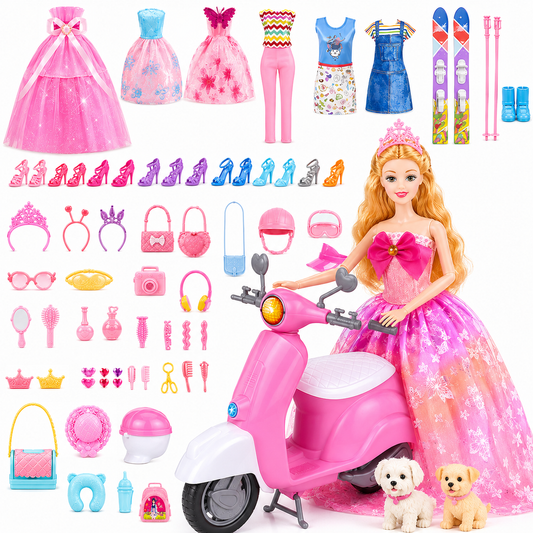 67 PCS Doll Playset with 11.5 Inch Doll, Motorcycle Scooter, Skiing Kit, Pet Set, Clothes & Shoe Dress Up Kit, Doll Accessories Toy Gift for Girls Kids