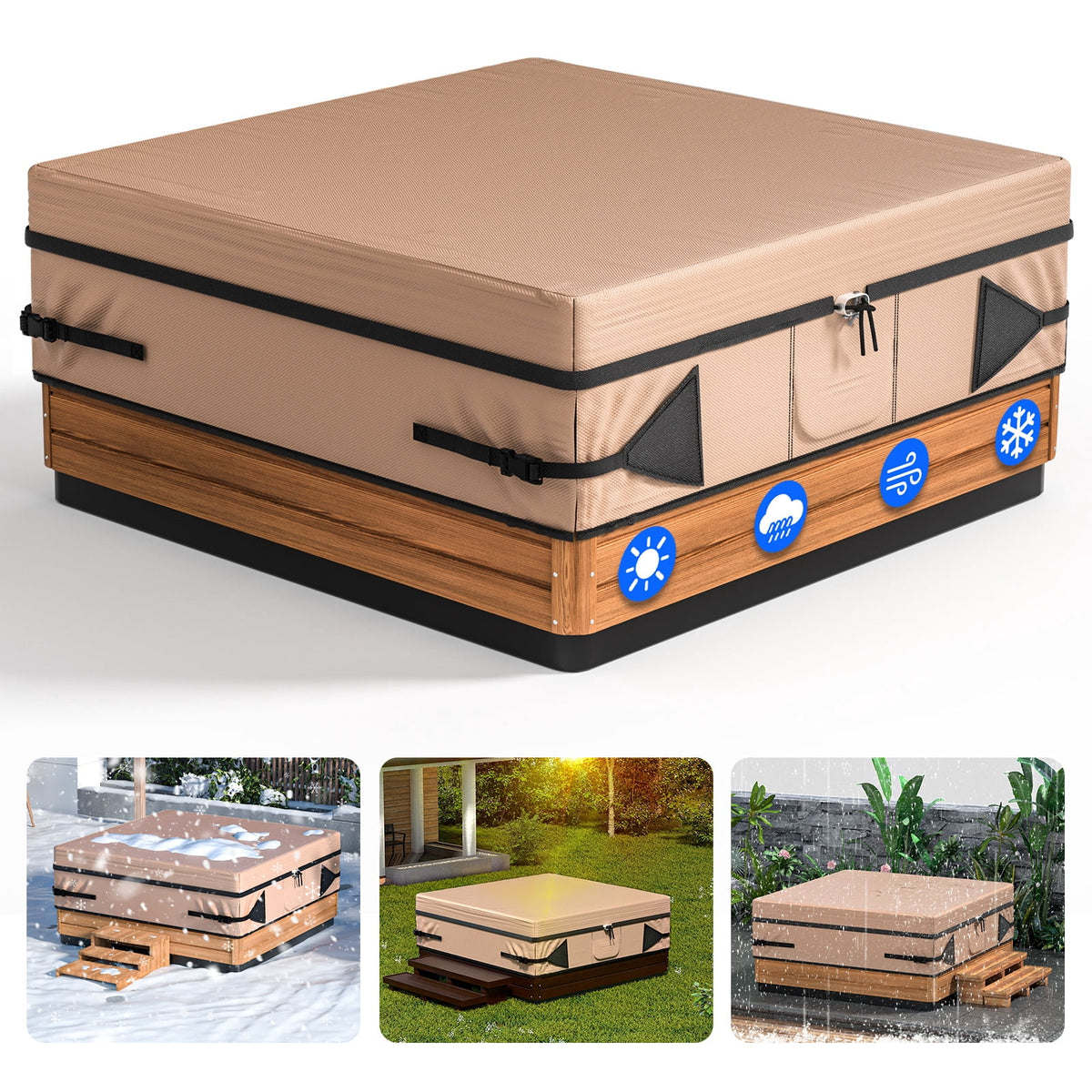Outdoor SPA Hot Tub Cover Waterproof Square, 600D Heavy Duty Hot Tub Cover Protector with UV Protection, Spa Cover Cap 90" x 90" x 20", Beige