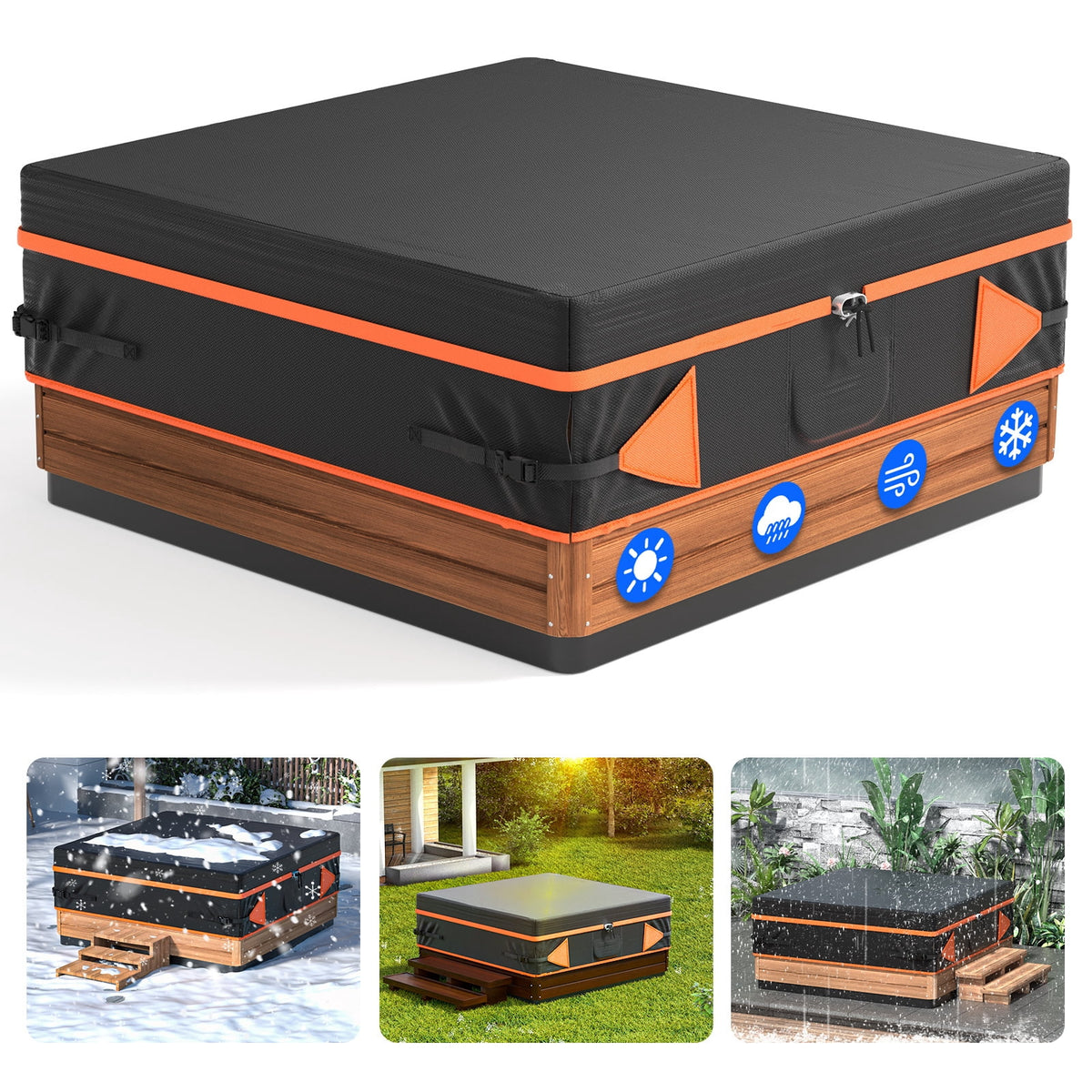 Outdoor SPA Hot Tub Cover Waterproof Square, 600D Heavy Duty Hot Tub Cover Protector with UV Protection, Spa Cover Cap 95" x 95" x 20", Black