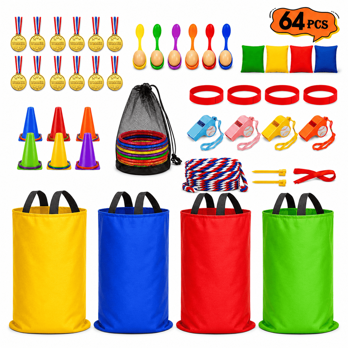 Hxfou 64PCS Outdoor Games Set for Kids, Sack Race Bags, Egg and Spoon Race, Bean Bag Toss, Ring Toss, Cones, Medals, Backyard Field Day Games