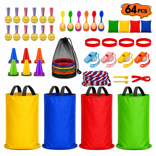 Hxfou 64PCS Outdoor Games Set for Kids, Sack Race Bags, Egg and Spoon Race, Bean Bag Toss, Ring Toss, Cones, Medals, Backyard Field Day Games