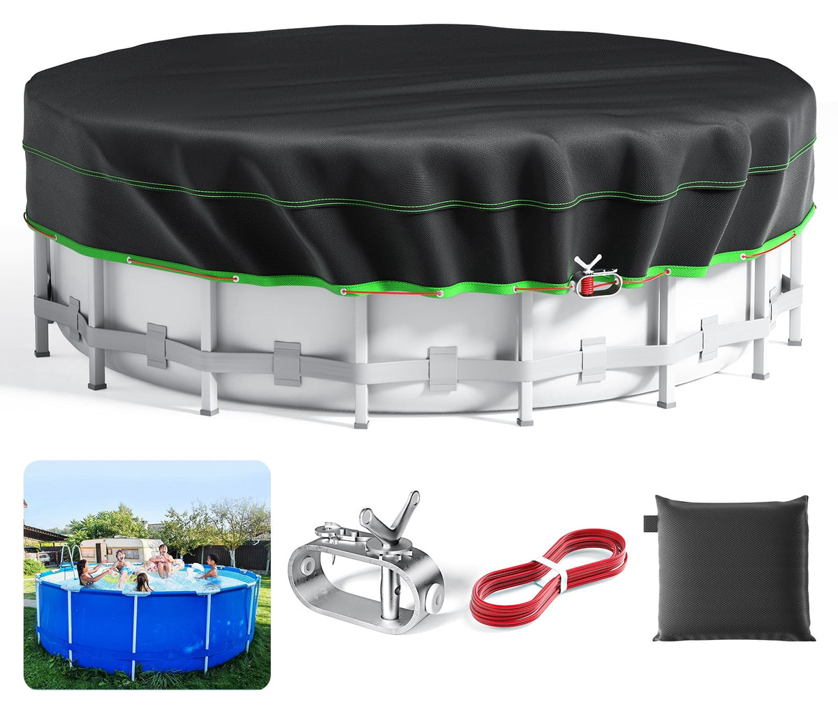 Sicabi 15 Ft Round Pool Cover, 420D Oxford Above Ground Pool Cover with Winch