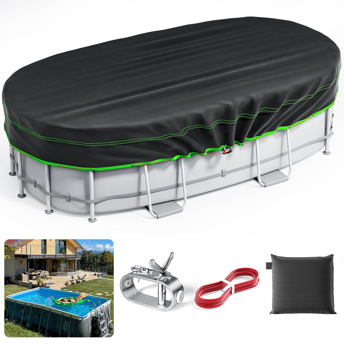 Sicabi 7 x 13 Ft Oval Pool Cover, Heavy Duty Waterproof Cover with Winch & Cable