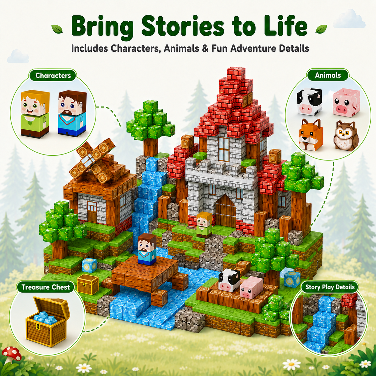 HXFOU 150PCS Forest Castle Magnetic Blocks , Magnetic Building Cubes Set with Strong Magnets, STEAM Building Blocks Toy Set with Forest Theme for Kids