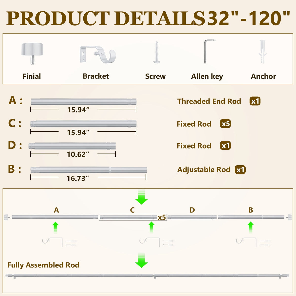 2 Pack Heavy Duty Adjustable Curtain Rods for Windows, 1-Inch Diameter Curtain Rod, 32-120 Inches (White)