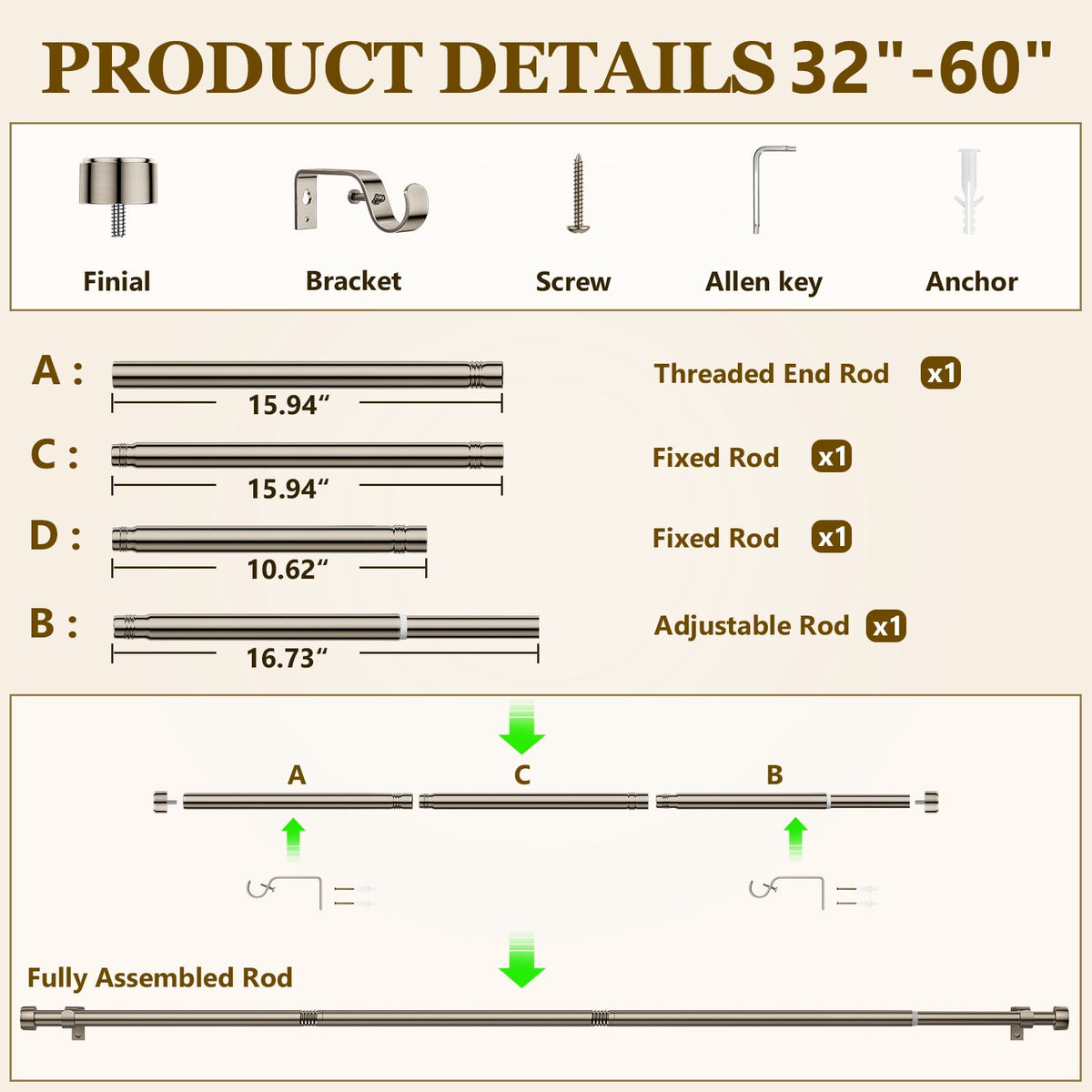Heavy Duty Adjustable Curtain Rods for Windows, 1-Inch Diameter Curtain Rod, 32-60 Inches (Nickel)
