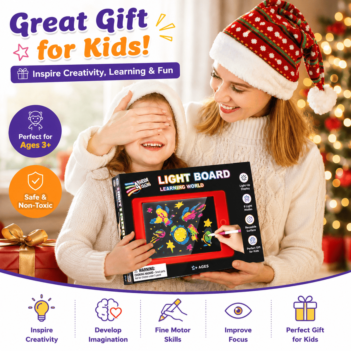 HXFOU LCD Writing Tablet for Kids Ages 3-9, Doodle Board with 4 Neon Markers & Stencils, Writing Tablets for Kids Ages 3-9, Travel Toys for Kids Ages 3 4 5 6 7 8, Portable Drawing Pad for Boys Girls