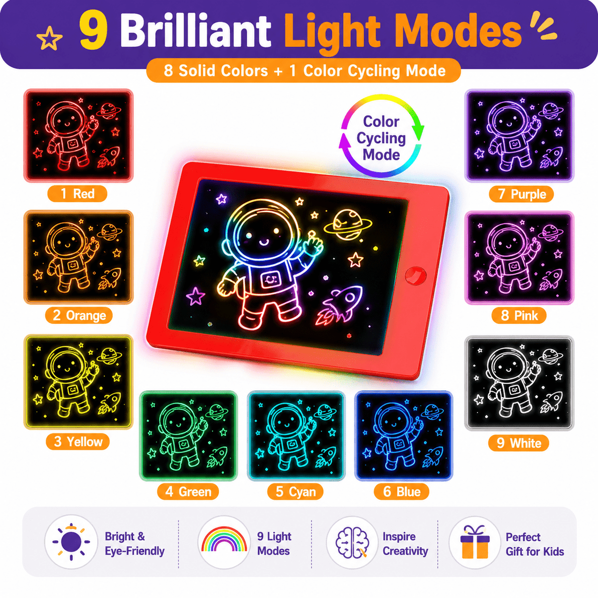 HXFOU LCD Writing Tablet for Kids Ages 3-9, Doodle Board with 4 Neon Markers & Stencils, Writing Tablets for Kids Ages 3-9, Travel Toys for Kids Ages 3 4 5 6 7 8, Portable Drawing Pad for Boys Girls