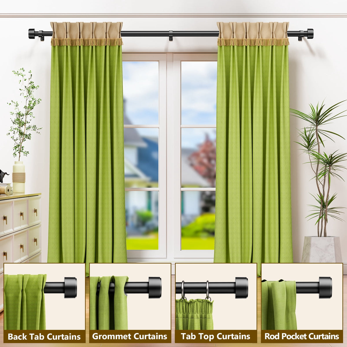 2 Pack Heavy Duty Adjustable Curtain Rods for Windows, 1-Inch Diameter Matte Black Curtain Rod, 32-60 Inches