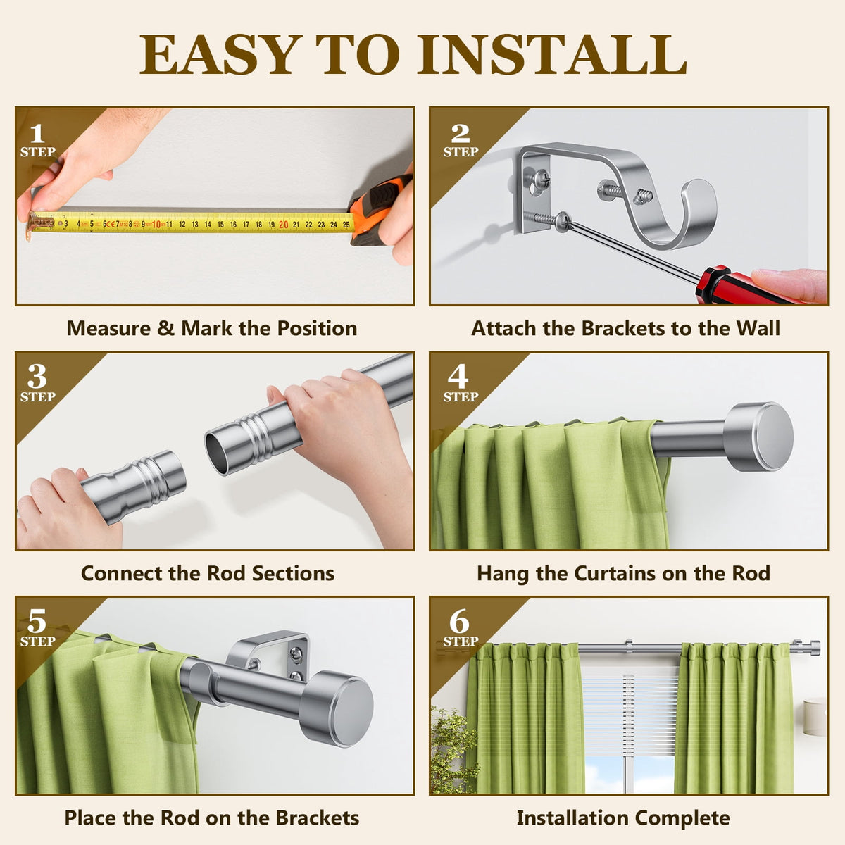 2 Pack Heavy Duty Adjustable Curtain Rods for Windows, 1-Inch Diameter Curtain Rod, 32-120 Inches (Slive)
