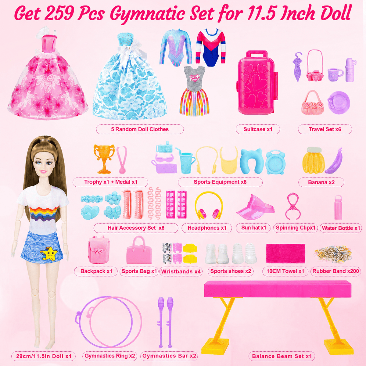 LXUNLN 259PCS Gymnastics Doll Playset with Clothes & Accessories for Girls Ages 3+