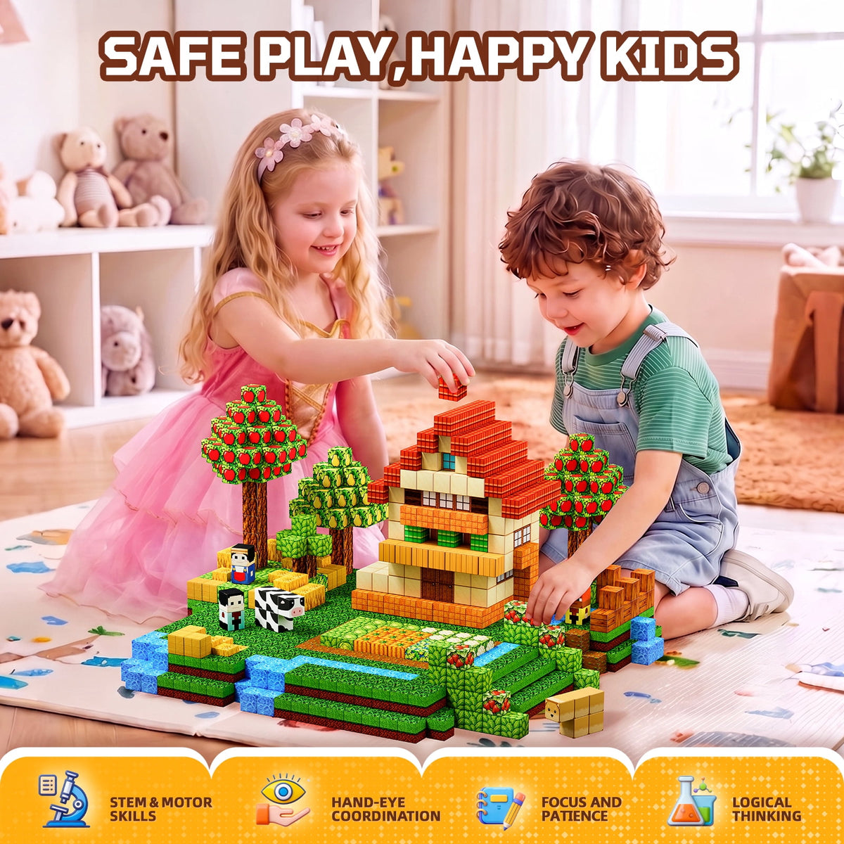 HXFOU Magnetic Blocks Farm Set, 200PCS STEM Magnetic Building Cubes Blocks Toy for Kids Ages 3+