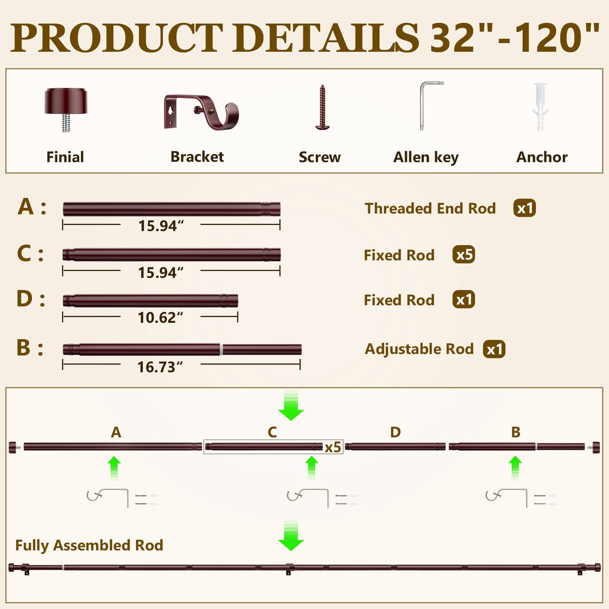 2 Pack Heavy Duty Adjustable Curtain Rods for Windows, 1-Inch Diameter Curtain Rod, 32-120 Inches (Brown)