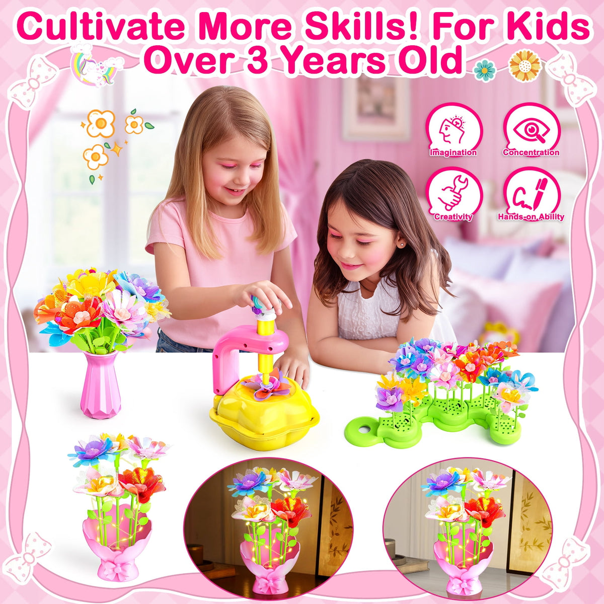HXFOU DIY Unicorn Craft Kit for Girls Ages 3-12, Girls Flower Making Kit with Lighted Vase, DIY Fabric Flower Bouquet Arts and Crafts Set, Unicorn Gifts for Girls, Pink