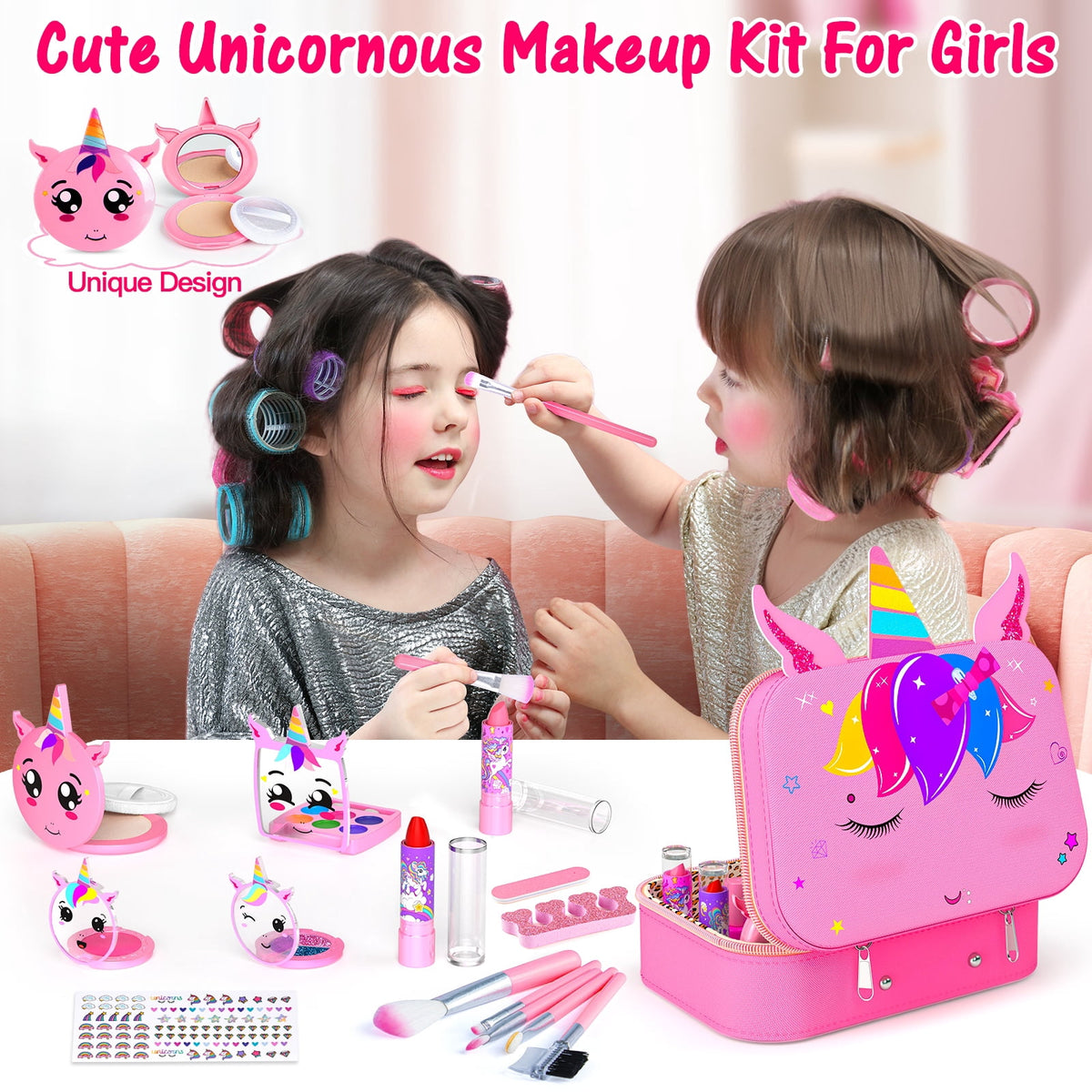 LXUNLN Kids Makeup Kit for Girls Ages 3-12, Unicorn Nail Salon Set & Girl Toy(Pink)