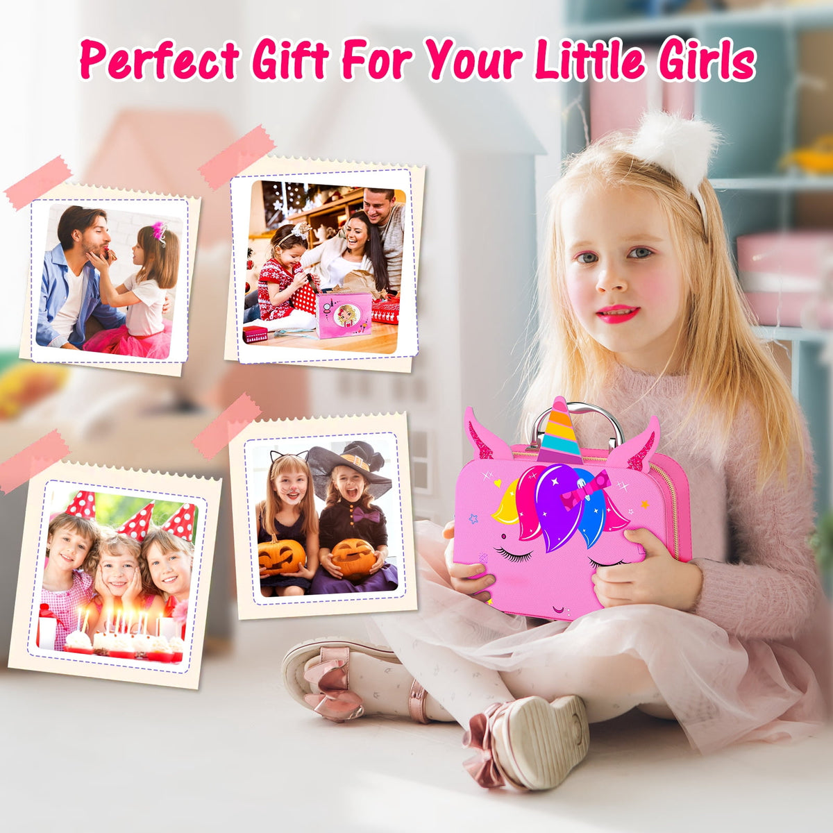 LXUNLN Kids Makeup Kit for Girls Ages 3-12, Unicorn Nail Salon Set & Girl Toy(Pink)
