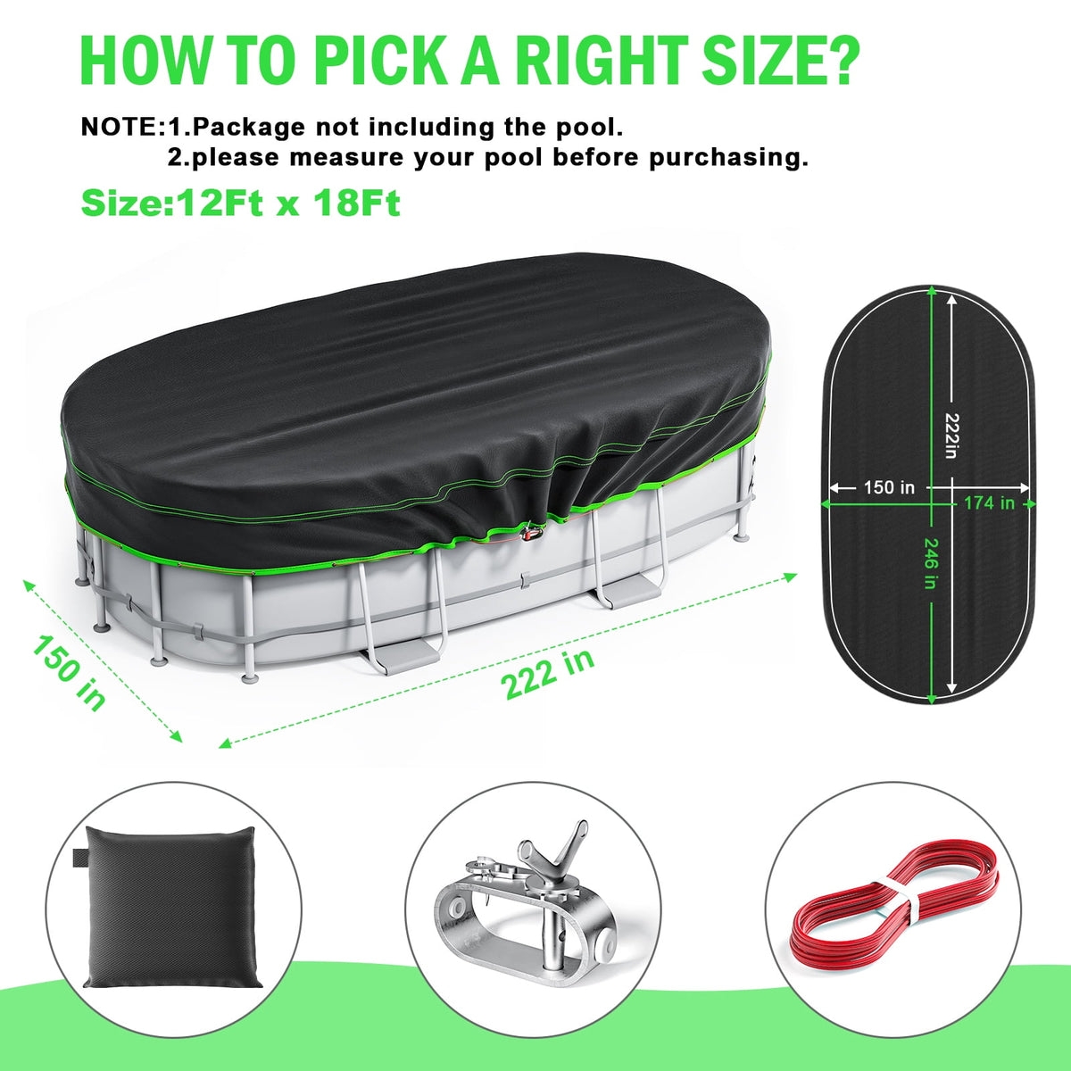 Sicabi 12 x 18 Ft Oval Pool Cover, Heavy Duty Waterproof Cover with Winch & Cable
