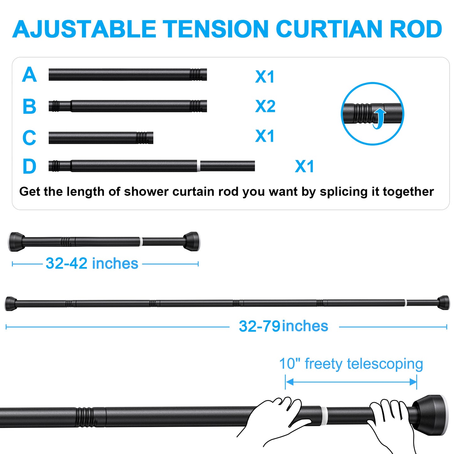 TITGIPE No hole telescopic shower curtain rod | 32-80 inches adjustable anti-skid spring rod | stainless steel rust resistance design | bathroom upgrade artifact no hole telescopic bath curtain rod