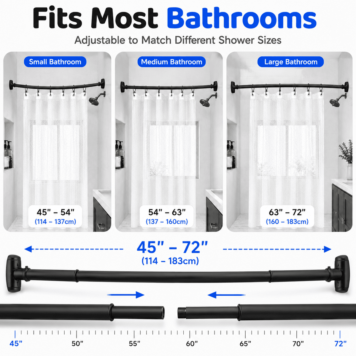 Sicabi Curved Shower Curtain Rod, 45-72" Adjustable Rustproof Steel Tension Rod,Drill Required, Black