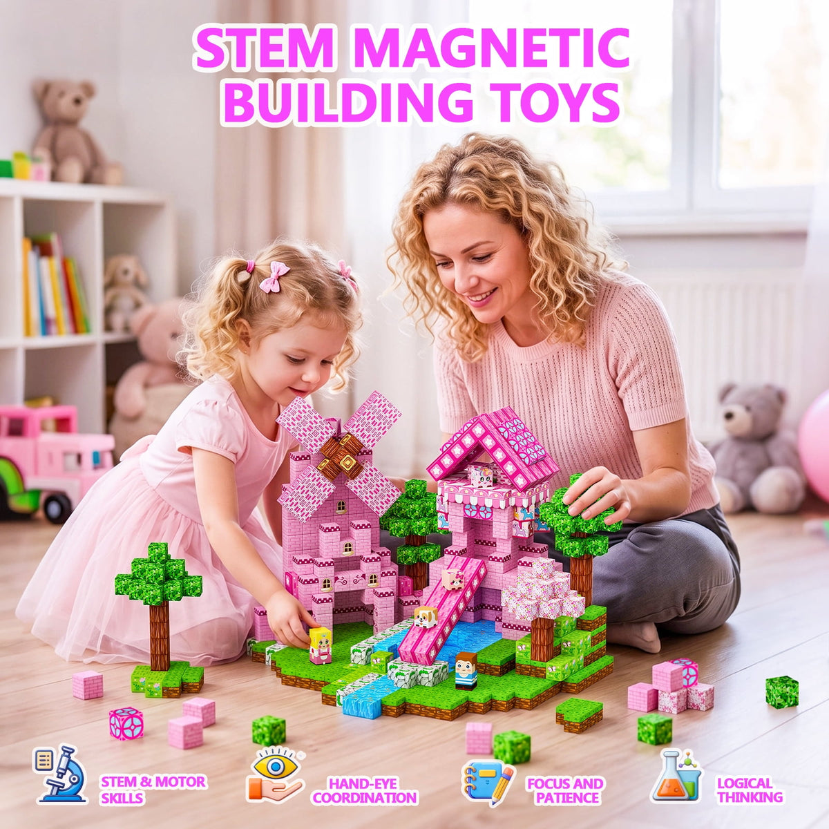 HXFOU 150PCS Pink Castle Magnetic Building Blocks for Kids, STEM Magnetic Cubes Blocks Toyfor Kids Ages 3+