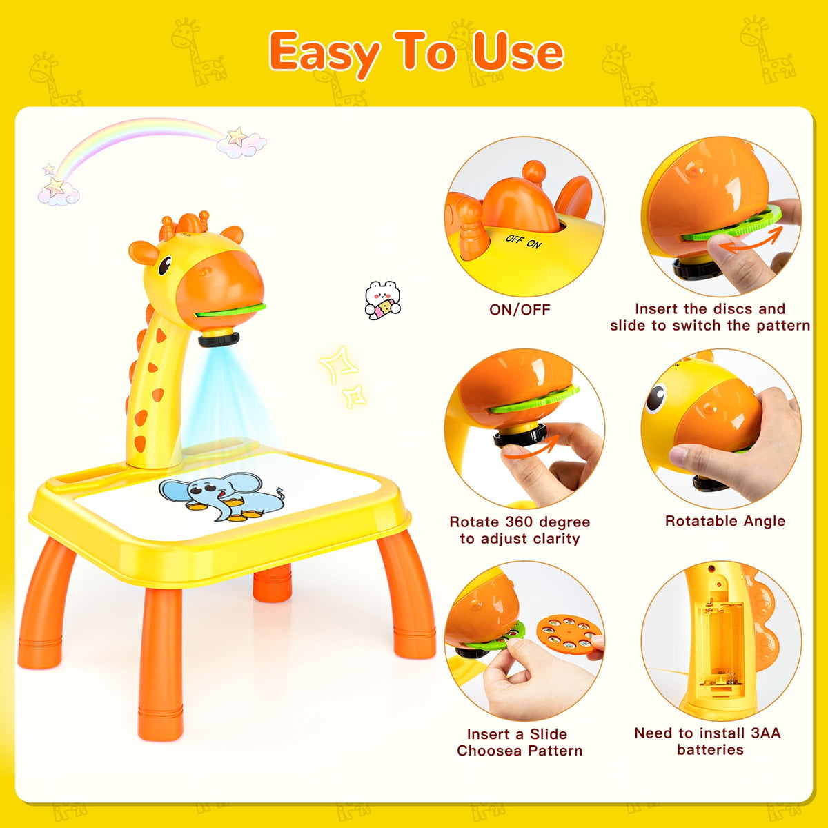 HXFOU 3-in-1 Kids Drawing Projector Kit with Music, Giraffe Shaped Art Tracing Projector for Toddlers, Includes Art Supplies & 72 Patterns, Gift for Ages 3+