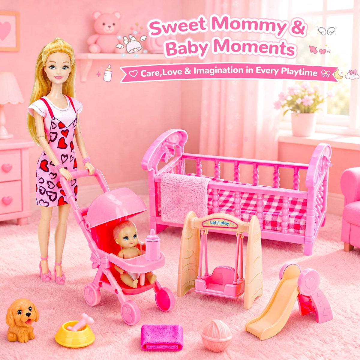 LXUNLN 96PCS Doll Family Playset with Baby, Stroller, Crib & Doll Clothes for Girls ages 3+