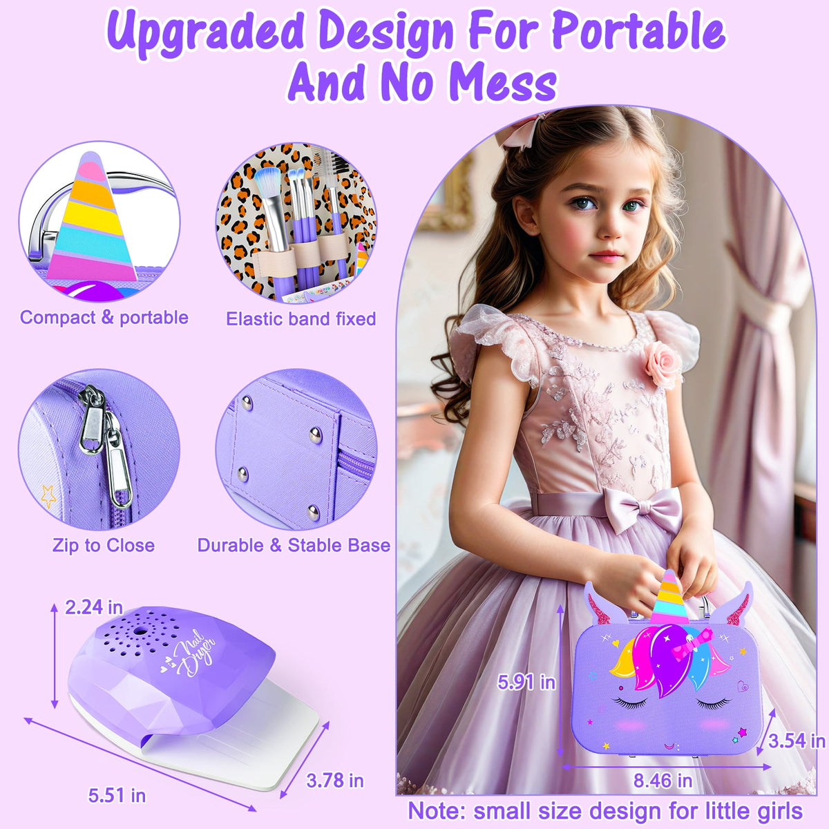 LXUNLN Kids Makeup Kit for Girls Ages 3-12, 2-in-1 Nail Salon Set with Unicorn Case(Purple)