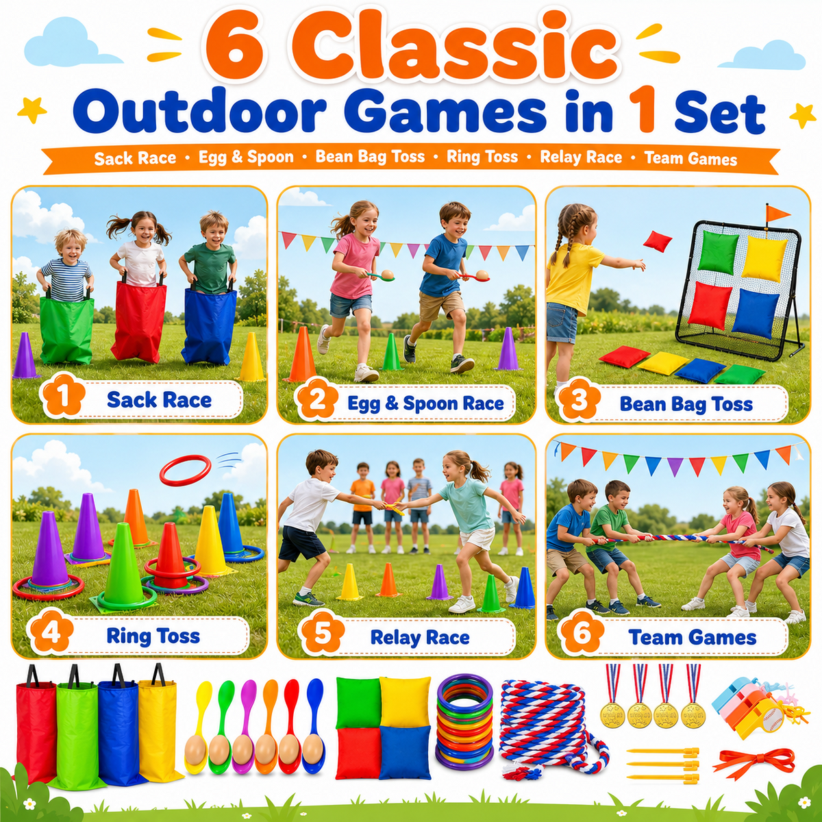 Hxfou 64PCS Outdoor Games Set for Kids, Sack Race Bags, Egg and Spoon Race, Bean Bag Toss, Ring Toss, Cones, Medals, Backyard Field Day Games
