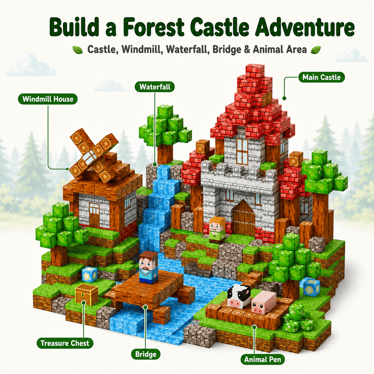 HXFOU 150PCS Forest Castle Magnetic Blocks , Magnetic Building Cubes Set with Strong Magnets, STEAM Building Blocks Toy Set with Forest Theme for Kids